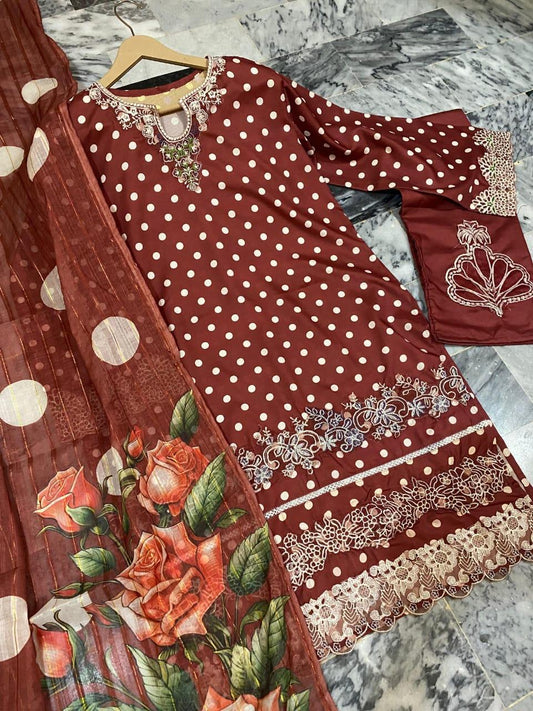 Women's Stitched Lawn Printed Suit Embroidered 3Pcs Standard Size