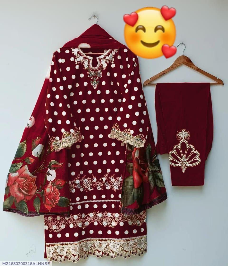 Women's Stitched Lawn Printed Suit Embroidered 3Pcs Standard Size