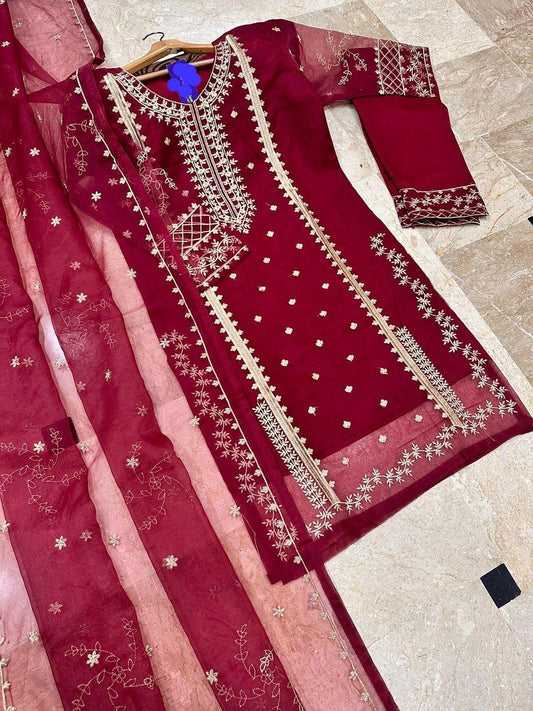 Festive Maroon Embroidered Organza Suit Collection – 3 Pc