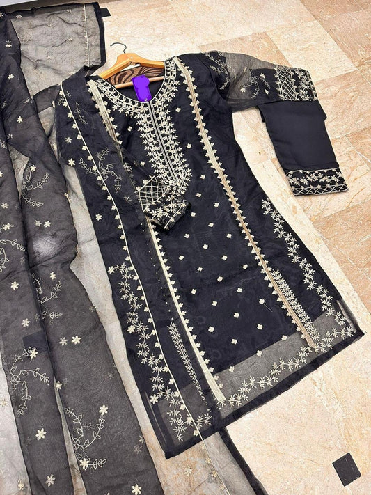 Festive Black Organza Embroidered Suit Collection – 3 Pc