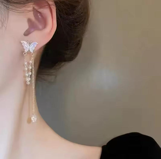 Butterfly Pearl Tassel Drop Earrings S925 – Elegant Gold Fashion Jewelry (Pair)