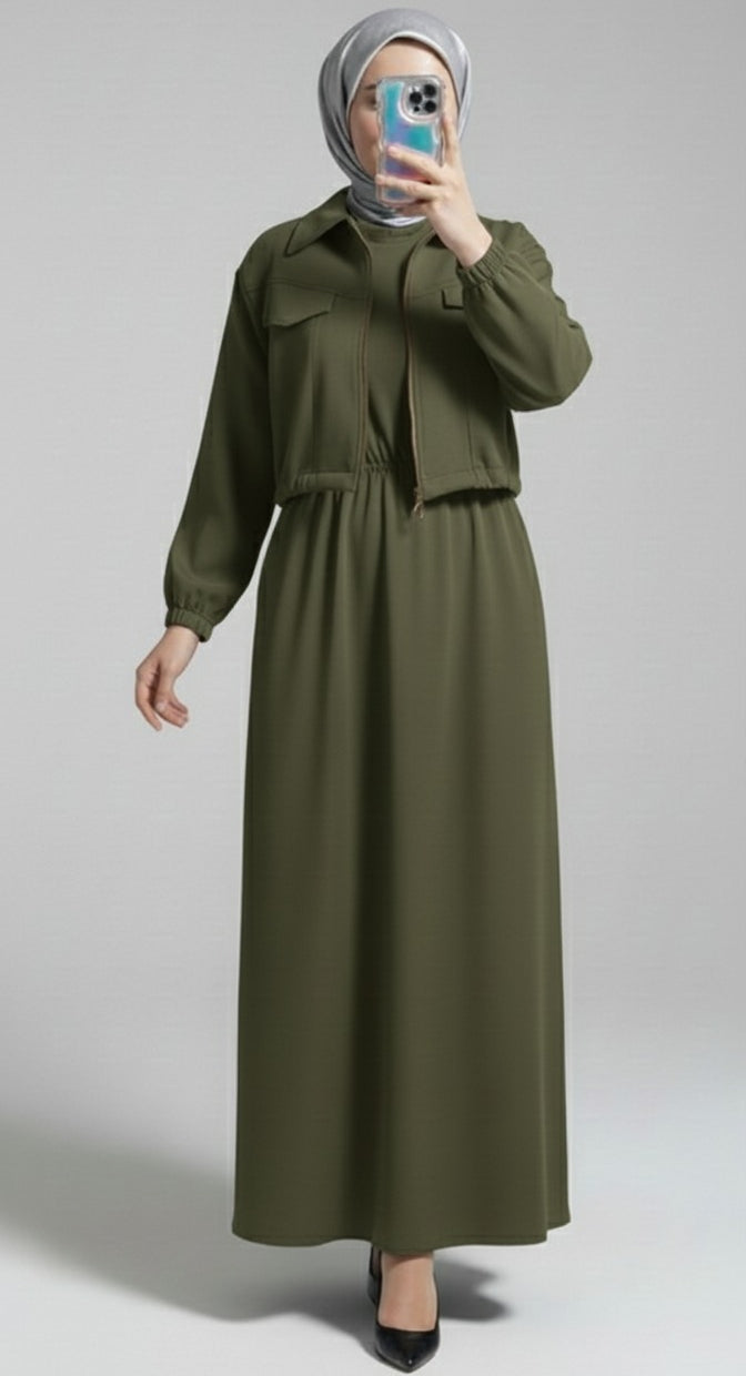 Stylish 2-Piece Outfit for Women – Maxi Dress & Zipper Jacket Combo