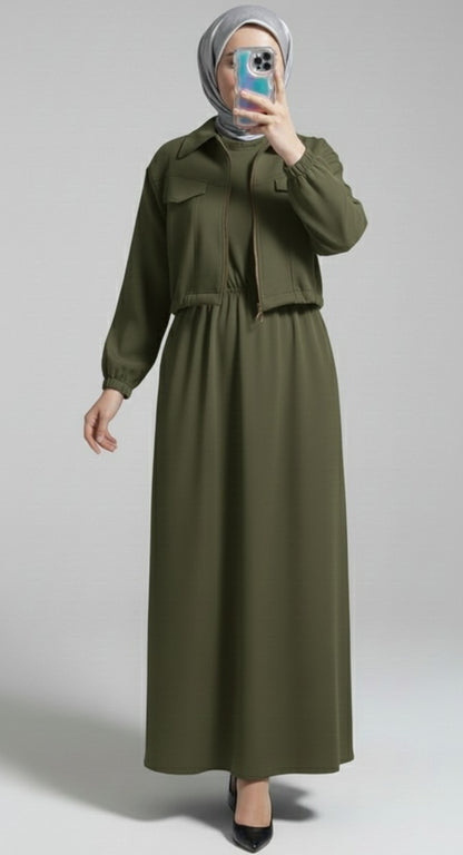 Stylish 2-Piece Outfit for Women – Maxi Dress & Zipper Jacket Combo