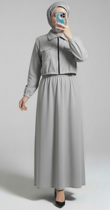 Stylish 2-Piece Outfit for Women – Maxi Dress & Zipper Jacket Combo