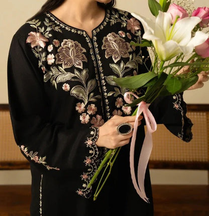Women’s Batool 2-Piece Winter Suit – Black Embroidered Dhanak Cotton Set