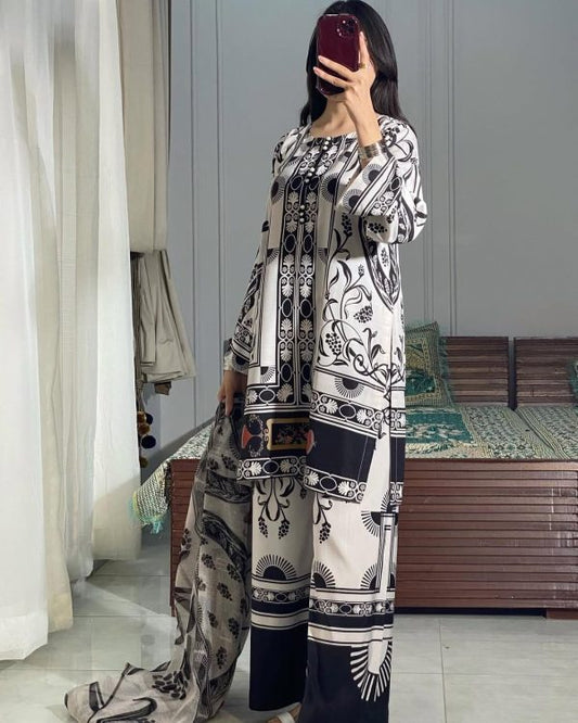 3 Pcs Swiss Lawn Printed Dress – Black & White – Medium Size – Shirt, Trouser & Dupatta Set (stitched Suit)