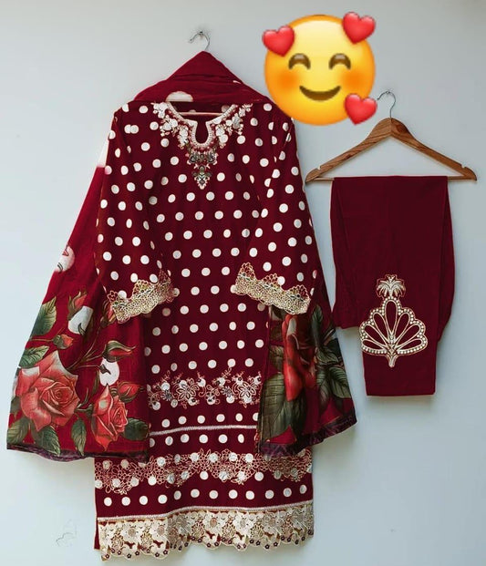 Women's Stitched Lawn Printed Suit Embroidered 3Pcs Standard Size