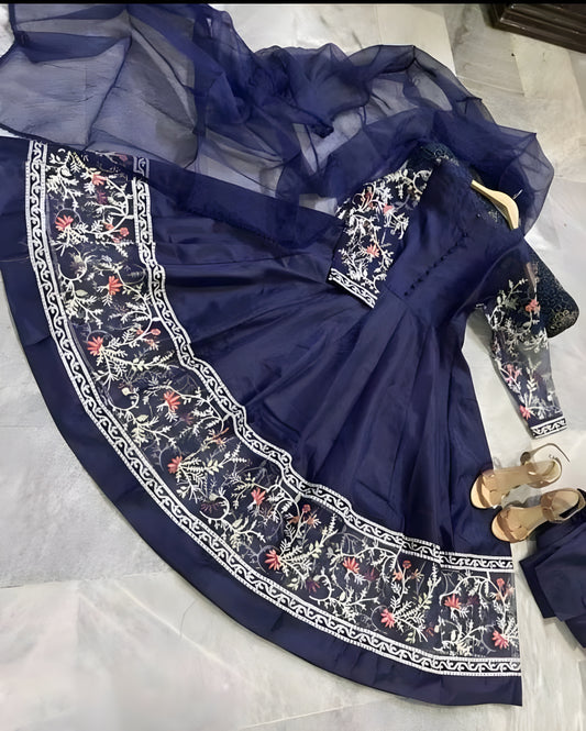 Elegant 3-Piece Katan Silk Embroidered Maxi Set for Women