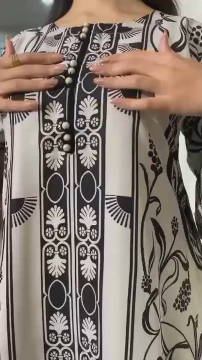 3 Pcs Swiss Lawn Printed Dress – Black & White – Medium Size – Shirt, Trouser & Dupatta Set (stitched Suit)