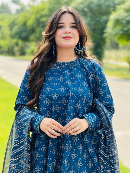 3 Piece Printed Swiss Lawn Suit – Blue, Stiched Suit (standard Size)