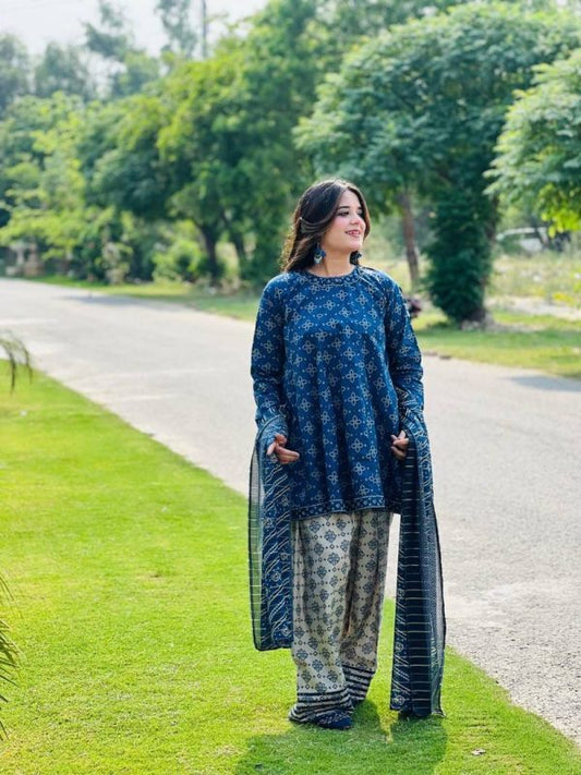 3 Piece Printed Swiss Lawn Suit – Blue, Stiched Suit (standard Size)
