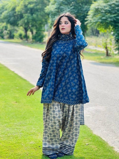 3 Piece Printed Swiss Lawn Suit – Blue, Stiched Suit (standard Size)